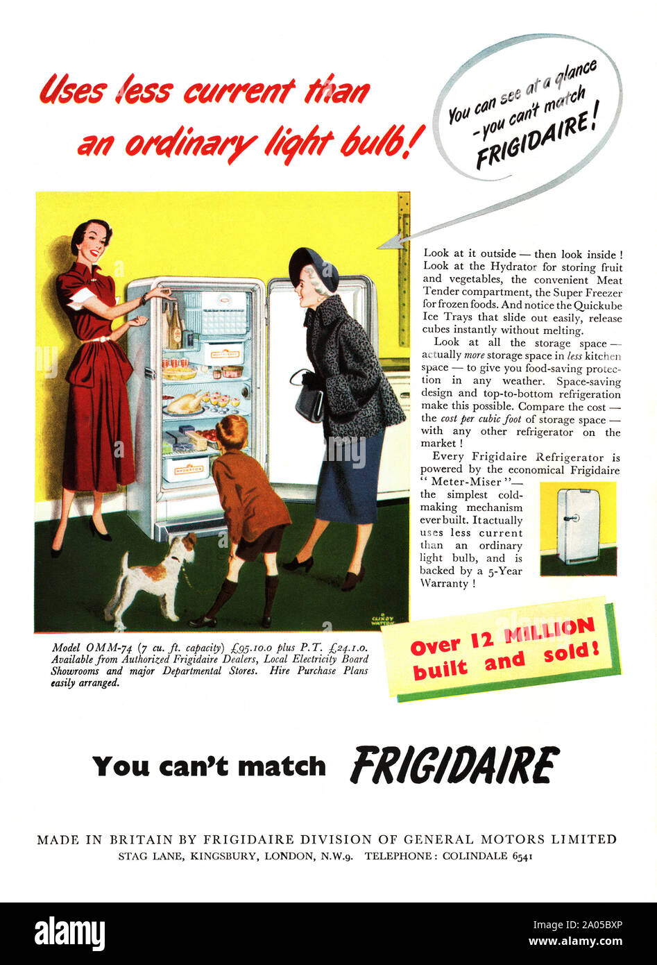 Advert for a Frigidaire refrigerator, 1951. The illustration shows women discussing how economical the fridge is. The brand was so well known in the refrigeration field in the that many Americans called any refrigerator a Frigidaire regardless of the maker. Stock Photo