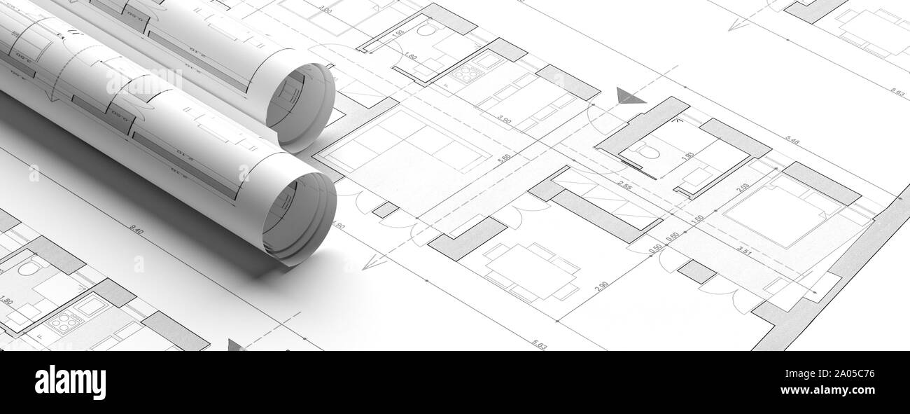 Building project blueprint plans. Real estate, construction concept. Architecture design, banner. 3d illustration Stock Photo
