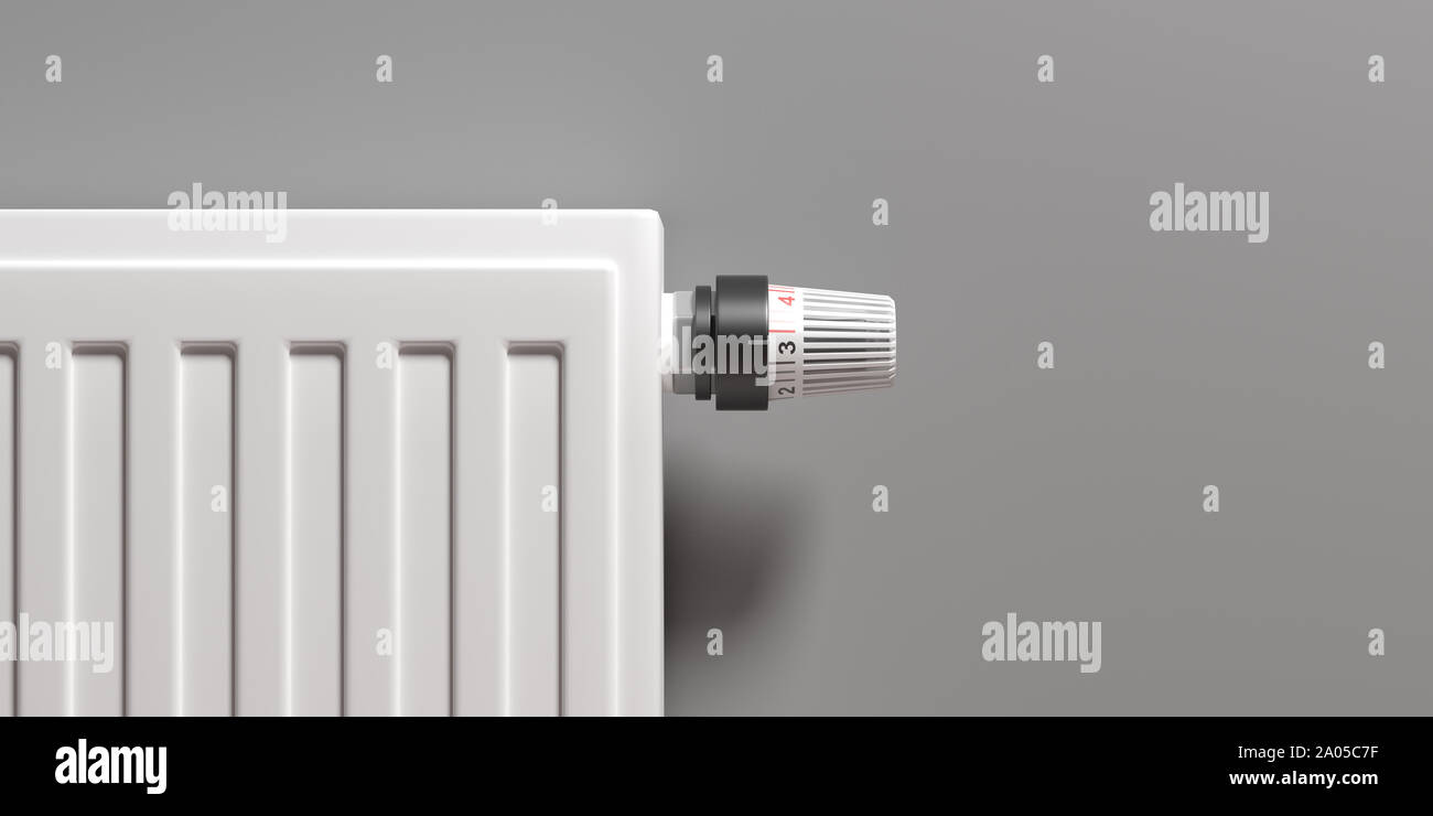 Radiator with thermostat, grey wall background, copy space. Heating temperature control, cost saving. 3d illustration Stock Photo