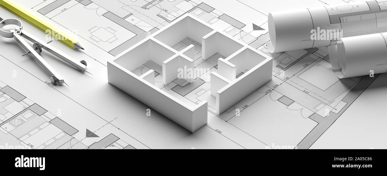 Building project blueprint plans and house model. Real estate, construction concept, banner. Architecture design. 3d illustration Stock Photo