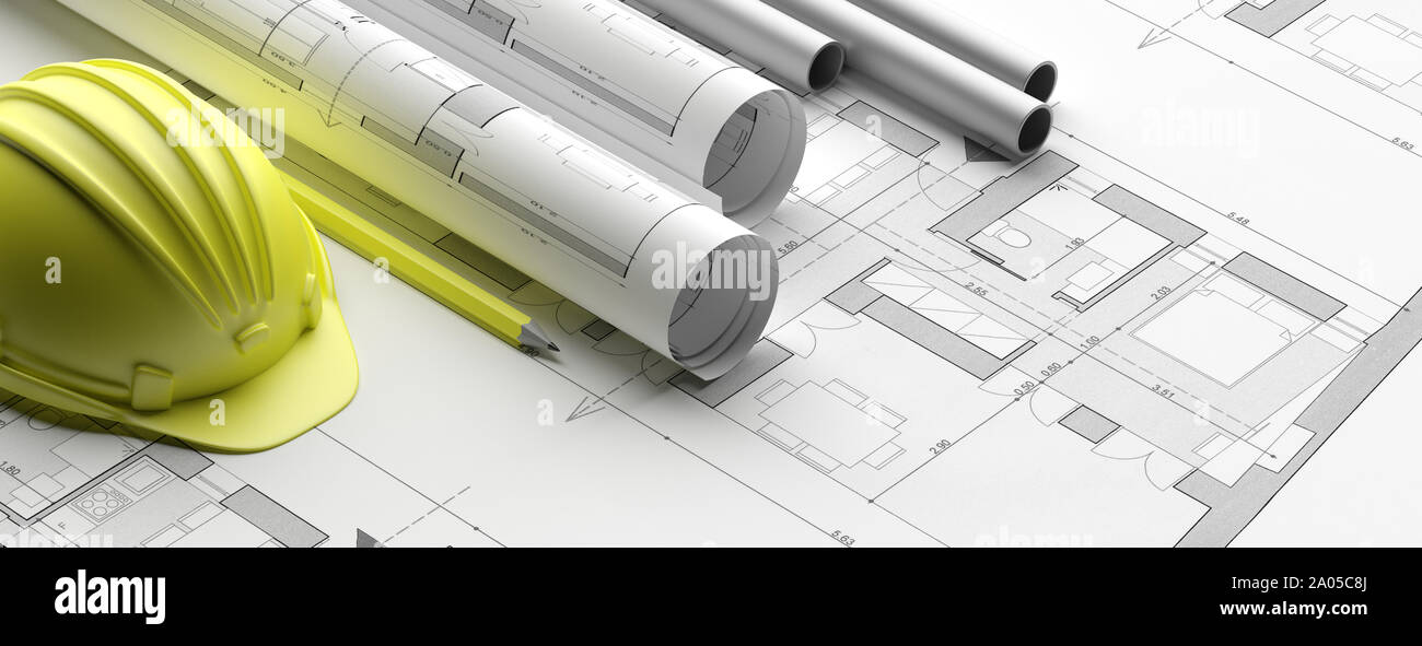 Construction concept. Building blueprint plans, banner. Architecture ...