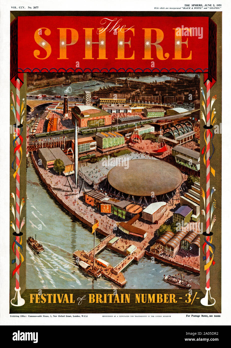 Cover of the Sphere magazine, 2 June 1951 - it was a special edition to mark the Festival of Britain and the cover illustration featured an aerial view of the exhibition site on the south bank of the River Thames in central London with the Skylon and Dome of Discovery in the centre Stock Photo