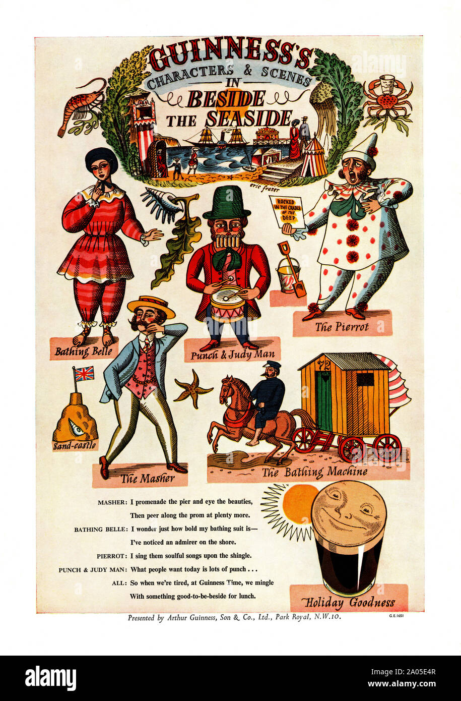 Advert for Guinness stout, 1951. The illustration shows scenes 'beside the seaside' including a Punch and Judy character and a bathing machine. Guinness is a dark Irish dry stout that originated at the brewery of Arthur Guinness (1725–1803) at St. James's Gate Brewery in Dublin, Ireland. Stock Photo
