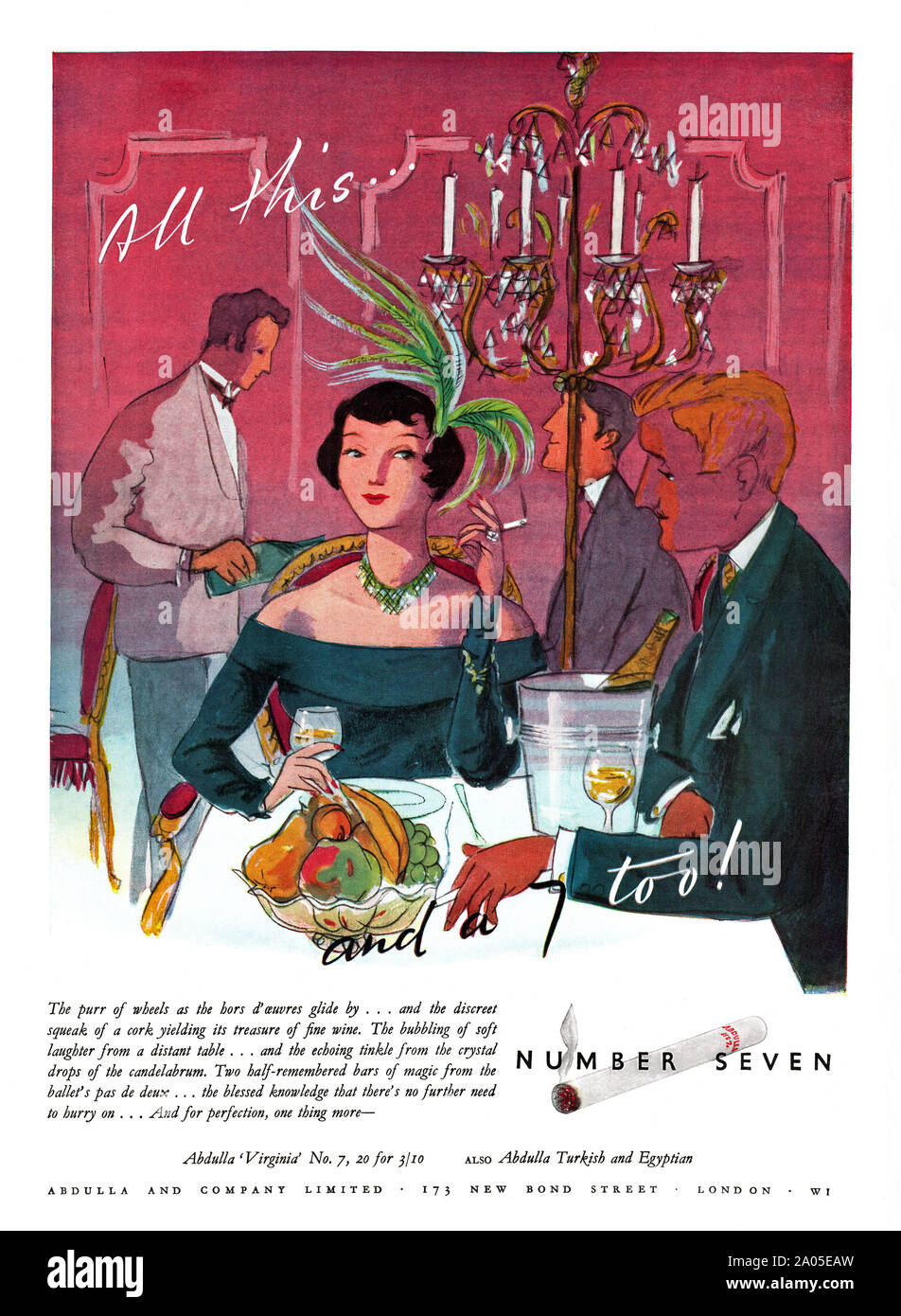 Advert for Abdulla Number 7 cigarettes, 1951. The illustration shows a sophisticated, upmarket couple drinking wine. The Abdulla company was founded in London, England in 1902. It was most famous for its eponymous cigarette brand. Stock Photo