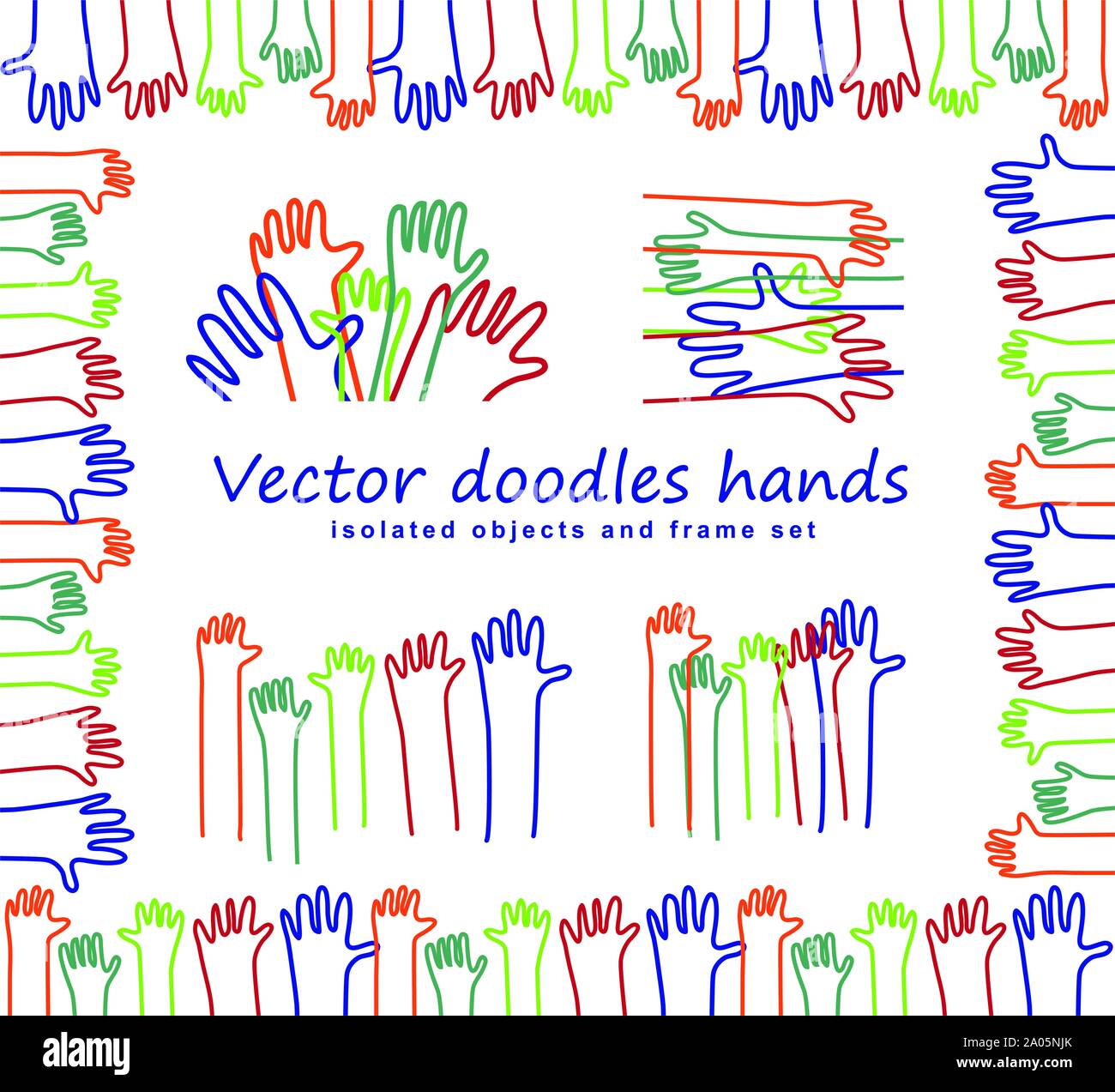 Hand arms doodles lines isolated objects and frame set. Color vector illustration EPS8 Stock Vector