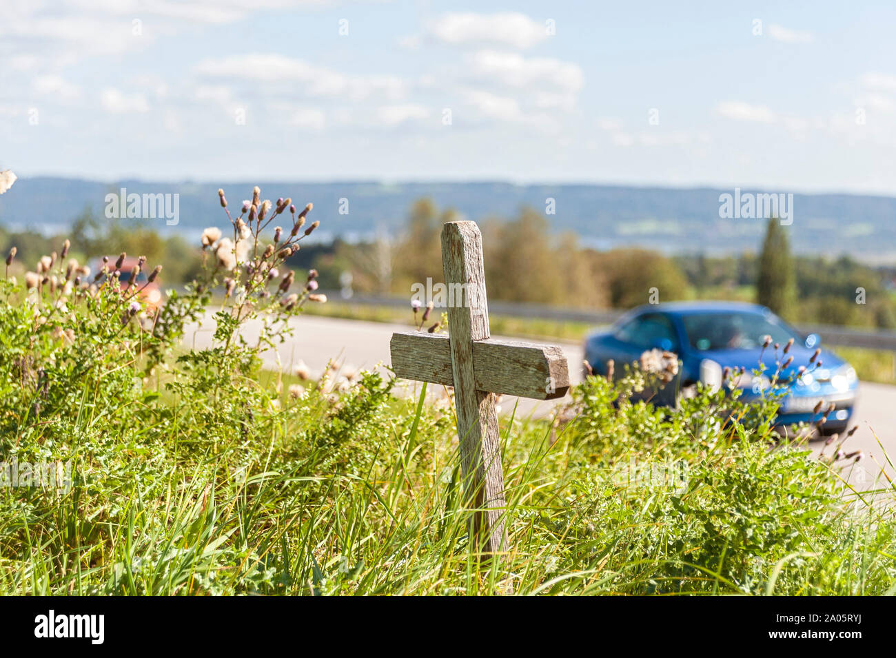 Wayside Cross for Road Deaths beside Road - Marterl, Germany Stock Photo