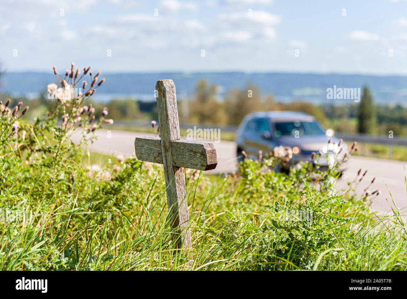 Wayside Cross for Road Deaths beside Road - Marterl, Germany Stock Photo