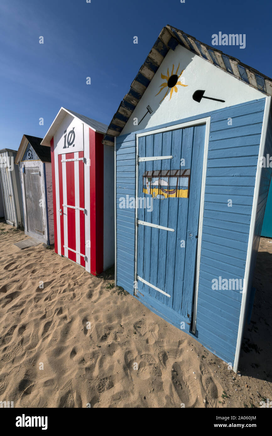 France, Île d'Oléron, 10/2018 , popular tourist destination, Changing cabines for swimmers.   An island off the Atlantic coast of France  It is the se Stock Photo