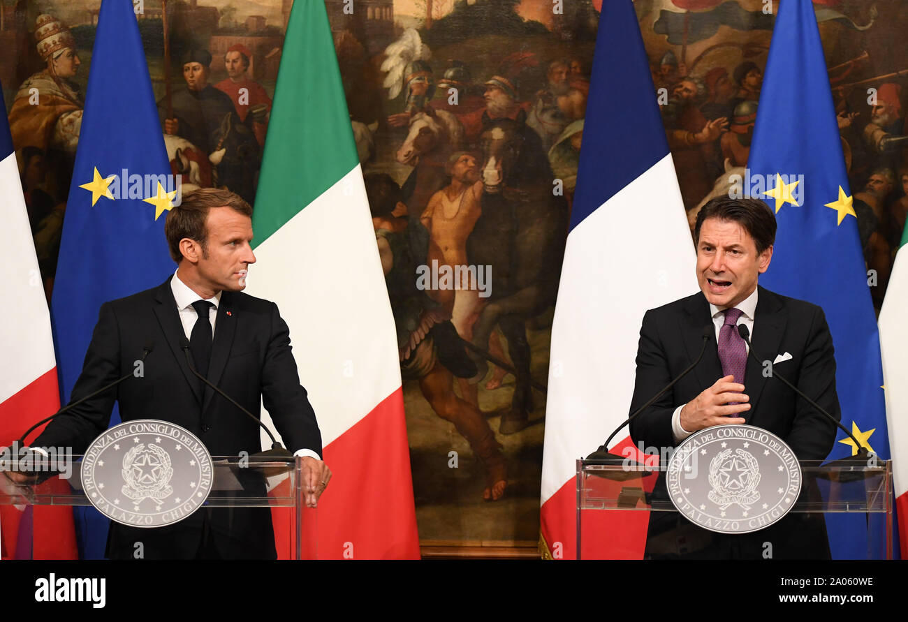 Rome, Italy. 18th Sep, 2019. French President Emmanuel Macron and Italian Prime Minister Giuseppe Conte speak to the media, in Rome, Italy, Sept. 18, 2019. Rome and Paris showed a willingness to move in a coordinated way after Italian Prime Minister Giuseppe Conte and French President Emmanuel Macron held talks late Wednesday on such key issues as immigration and instability in Libya. Credit: Alberto Lingria/Xinhua Stock Photo