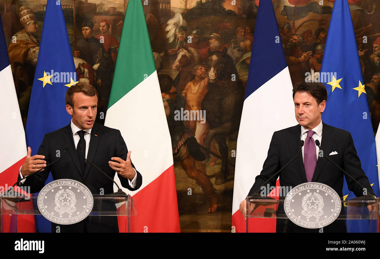Rome, Italy. 18th Sep, 2019. French President Emmanuel Macron and Italian Prime Minister Giuseppe Conte speak to the media, in Rome, Italy, Sept. 18, 2019. Rome and Paris showed a willingness to move in a coordinated way after Italian Prime Minister Giuseppe Conte and French President Emmanuel Macron held talks late Wednesday on such key issues as immigration and instability in Libya. Credit: Alberto Lingria/Xinhua Stock Photo