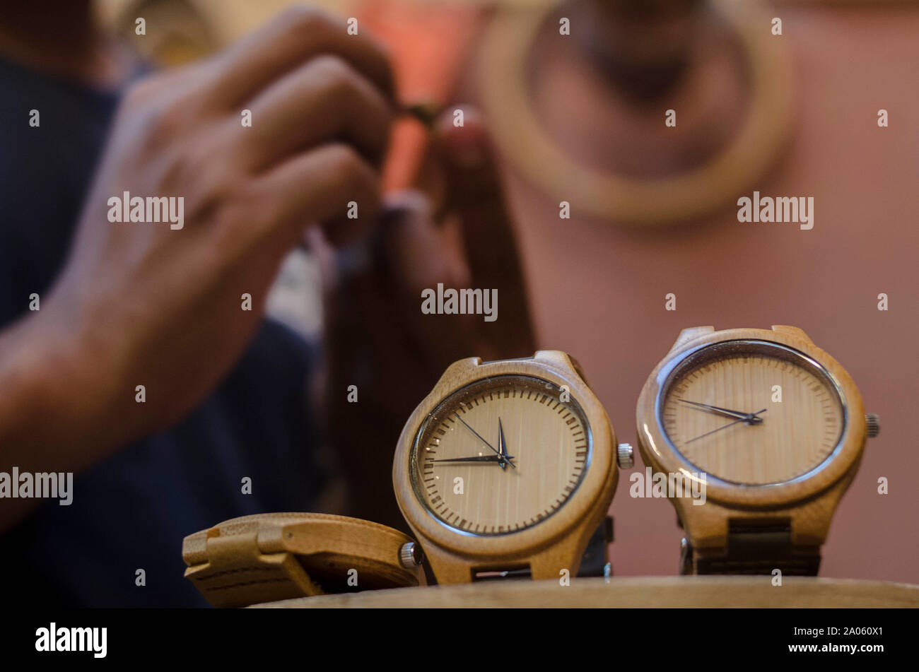 Bandung, Indonesia. 19th Sep, 2019. A worker makes a handmade bamboo watch in Bandung, West Java, Indonesia, Sept. 19, 2019. Credit: Septianjar/Xinhua Stock Photo