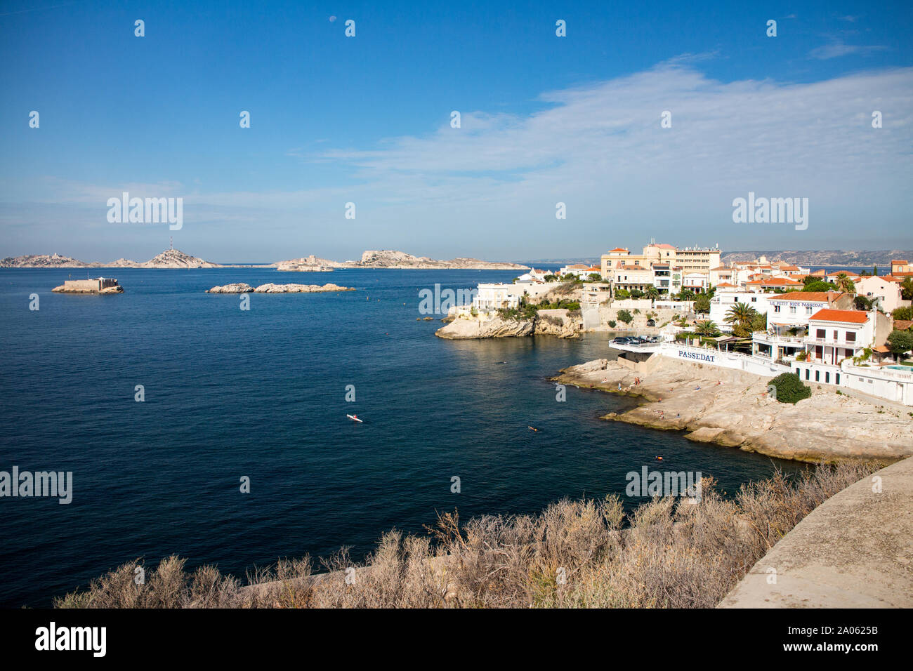 Here's what you can see from Villa Valmer in Marseille : on the right,the famous restaurant Le Petit Nice/Passédat Stock Photo