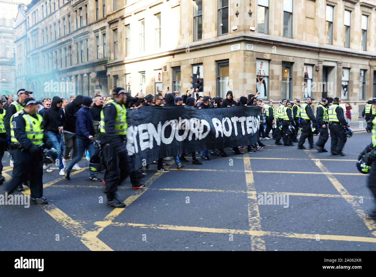 Glasgow, UK. 19th Sep, 2019. Hundreds of Feyenoord supporters marching through Glasgow ahead of their first Europ League face-off with Rangers. Credit: Pawel Pietraszewski/Alamy Live News Stock Photo