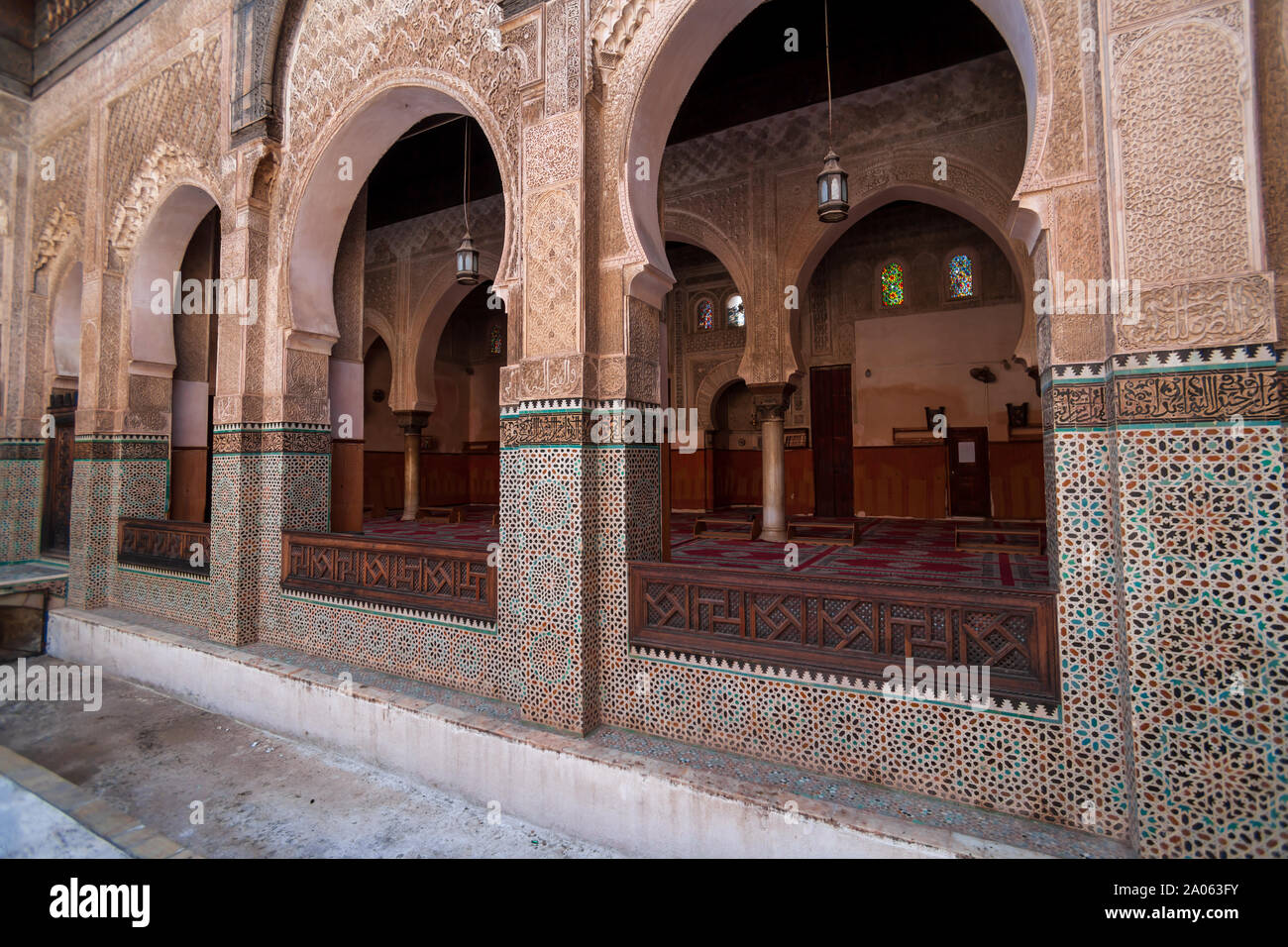 The Madrasa Bou Inania is a madrasa in Fes, Morocco, founded in AD 1351–56 by Abu Inan Faris Stock Photo