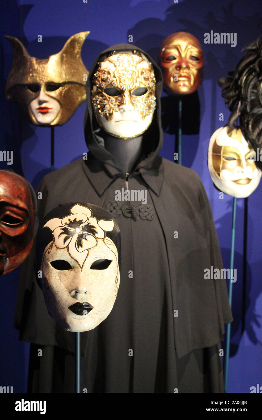 London, UK. Stanley Kubrick: The Exhibition. An exhibition with the photos,  props, scripts, designs and everything associated with the career of film  director Stanley Kubrick. Photo of masks that appeared in Eyes