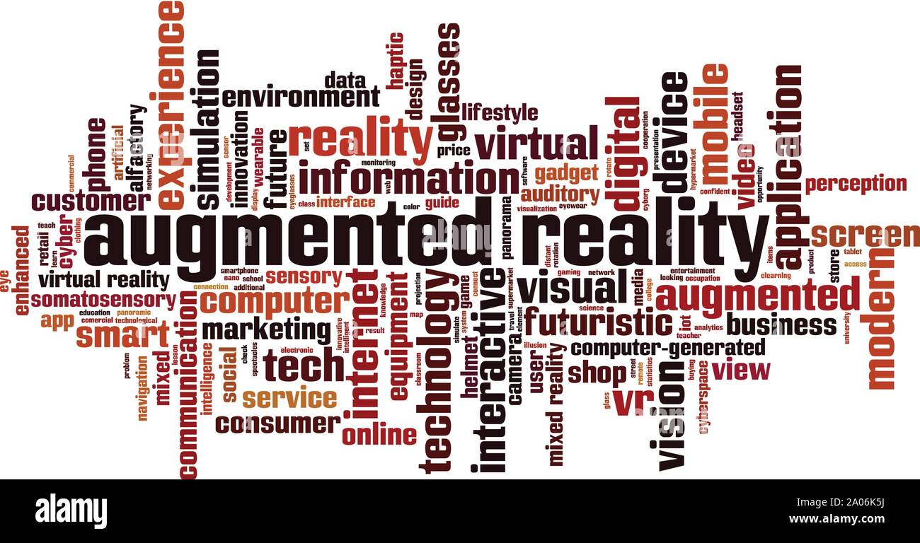 Augmented reality word cloud concept. Collage made of words about