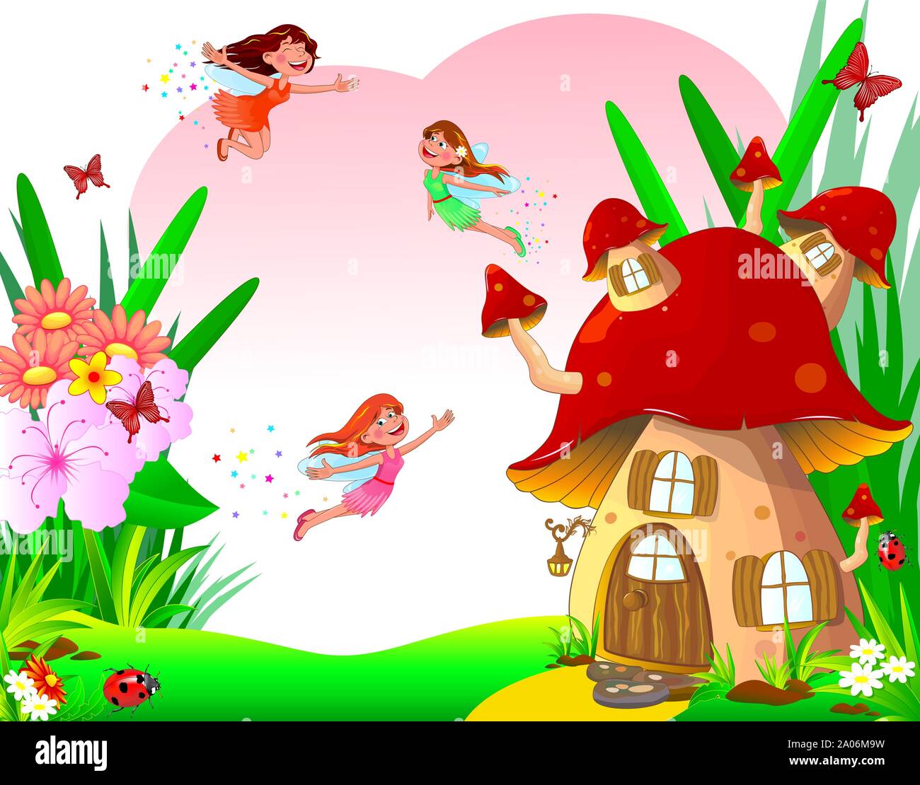 Happy little fairies fly among the flowers. Fairytale mushroom house, flowers, butterflies and ladybugs. Stock Vector