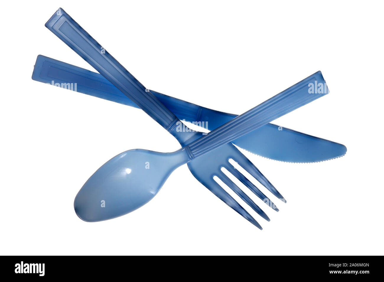 Disposable blue plastic knife,spoon, and fork isolated on white