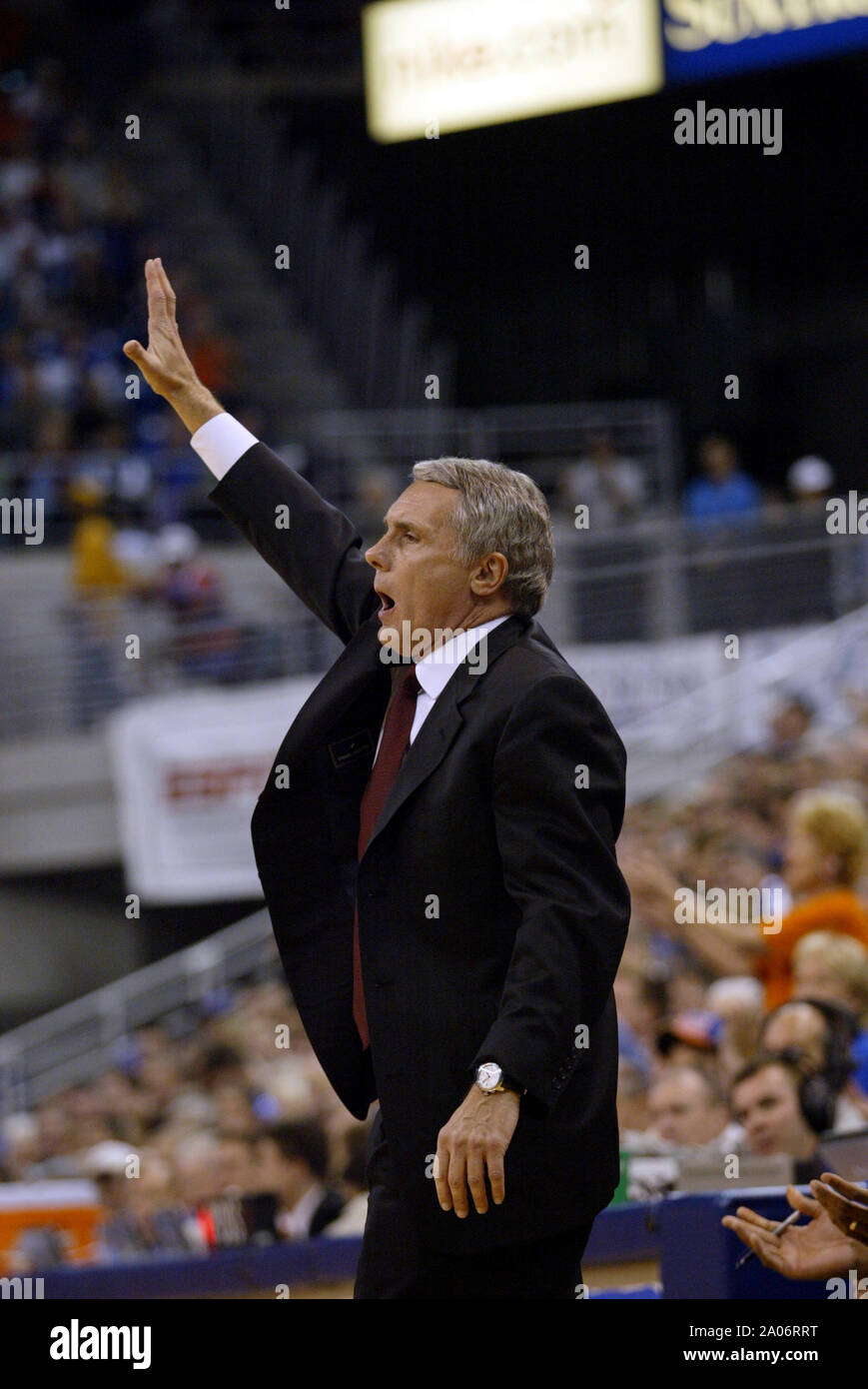 Maryland coach Gary Williams watches his team during the Terrapin's 69-68 overtime upset of the #1 ranked Gators Wednesday, December 10, 2003, at the Stephen C. O'Connell center in Gainesville, Florida. The win marked Williams' 300th career coaching victory. Stock Photo