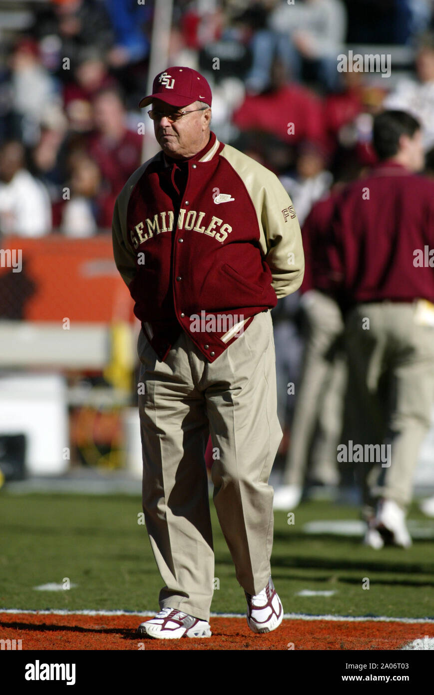 Florida State head coach Bobby Bowden walks the field prior to the Seminole's 38-34 victory over the Gators Saturday, November 29, 2003, at Ben Hill Griffen Stadium in Gainesville, Florida. Stock Photo