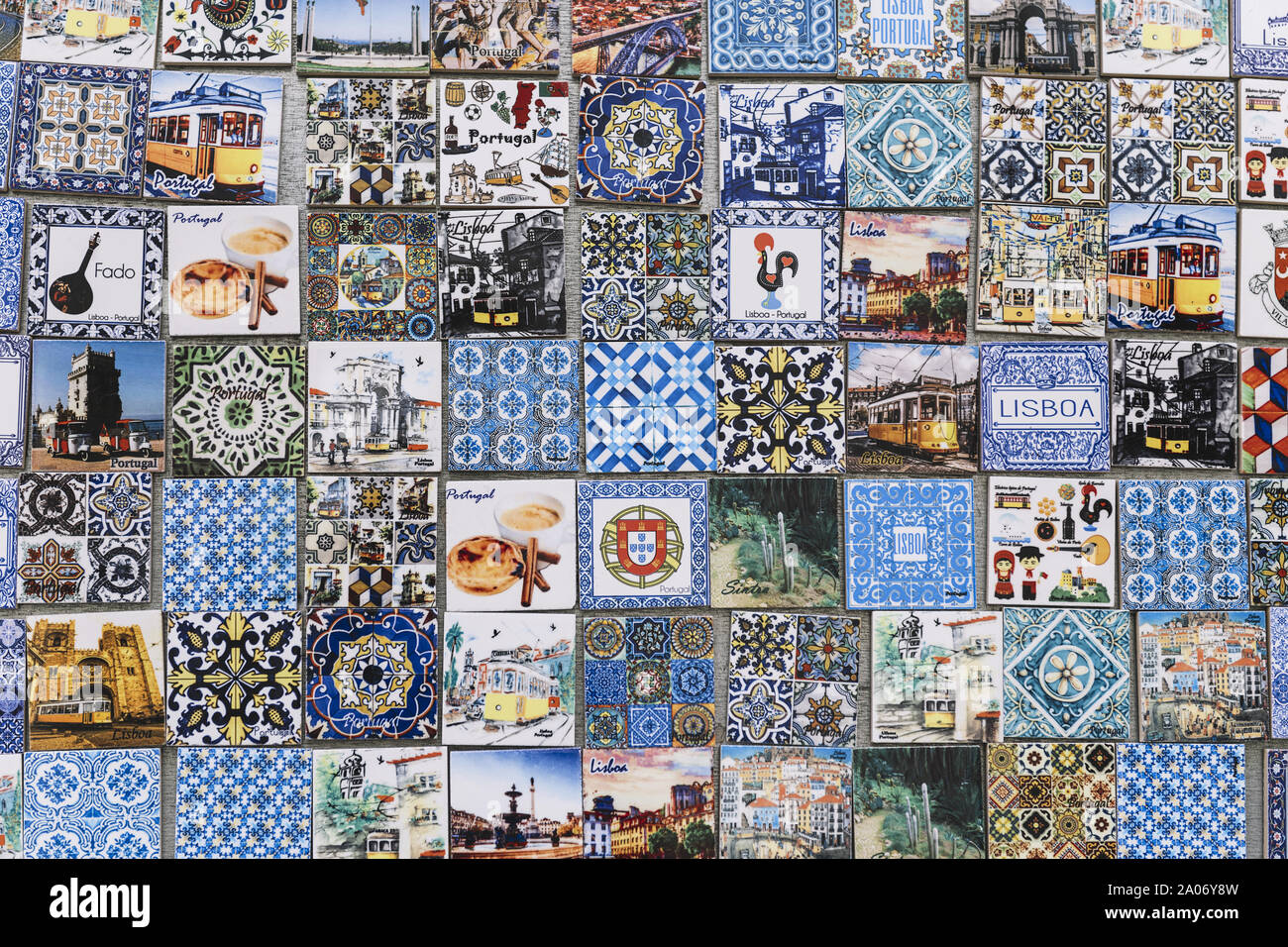 Lisbon, Portugal – august, 2019: souvenir of traditional portuguese azulejo  tiles with typical images and geometric pattern Stock Photo - Alamy