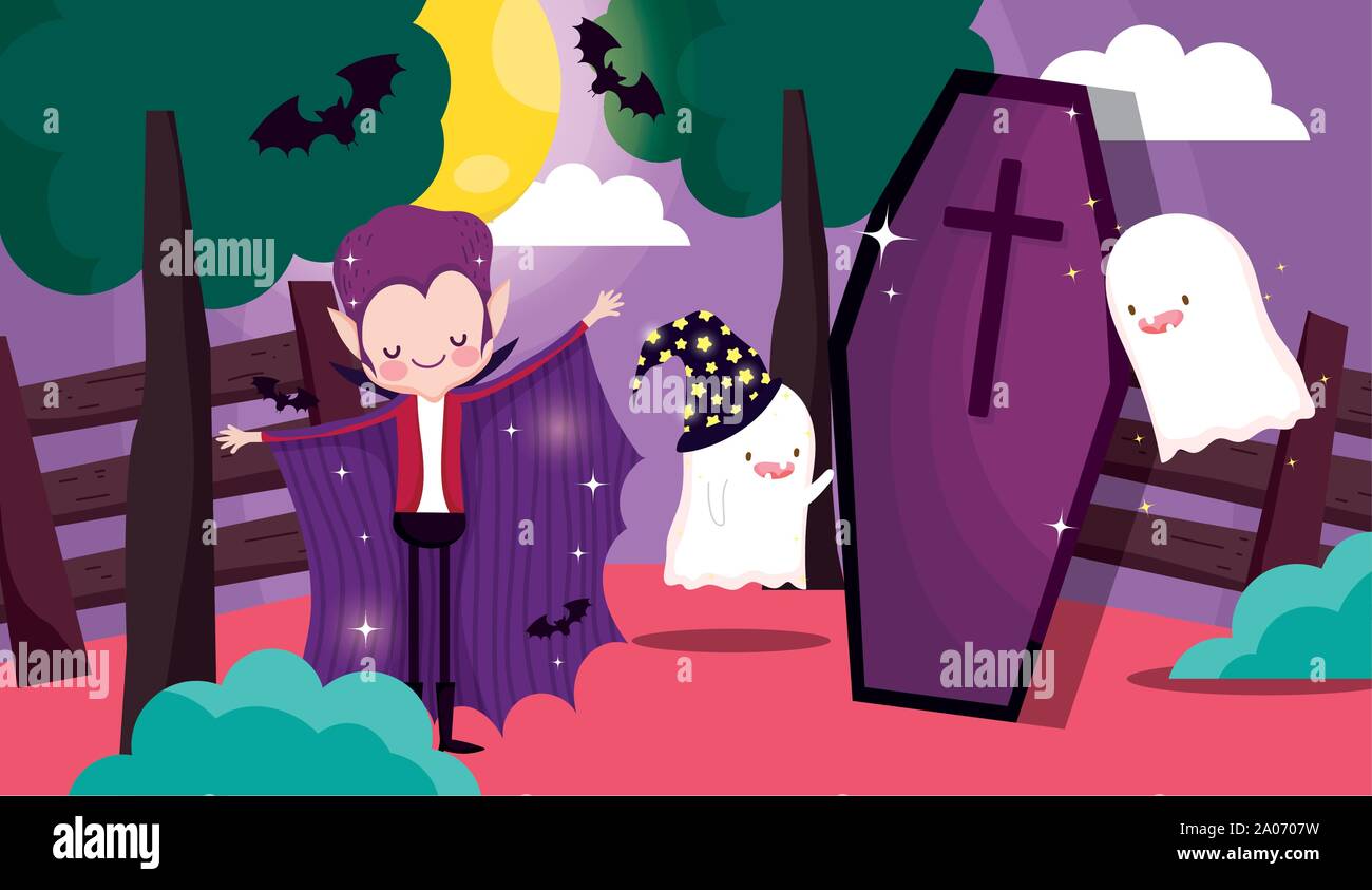 dracula and ghosts coffin costume trick or treat happy halloween vector ...