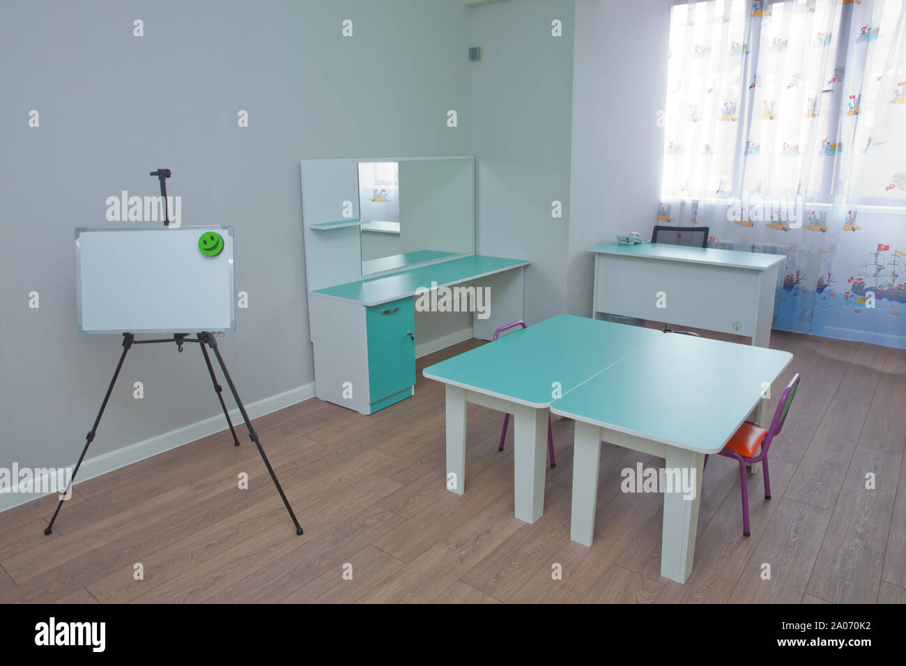 child development center room and desk . Kindergarten preschool