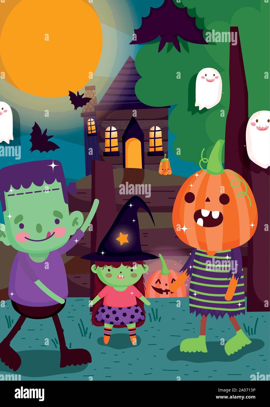 kid pumpkin frankenstein witch lantern ghost house trick or treat happy halloween vector illustration Stock Vector Image & Art - Alamy kid pumpkin frankenstein witch lantern ghost house trick or treat happy halloween vector illustration Stock Vector Image & Art - Alamy