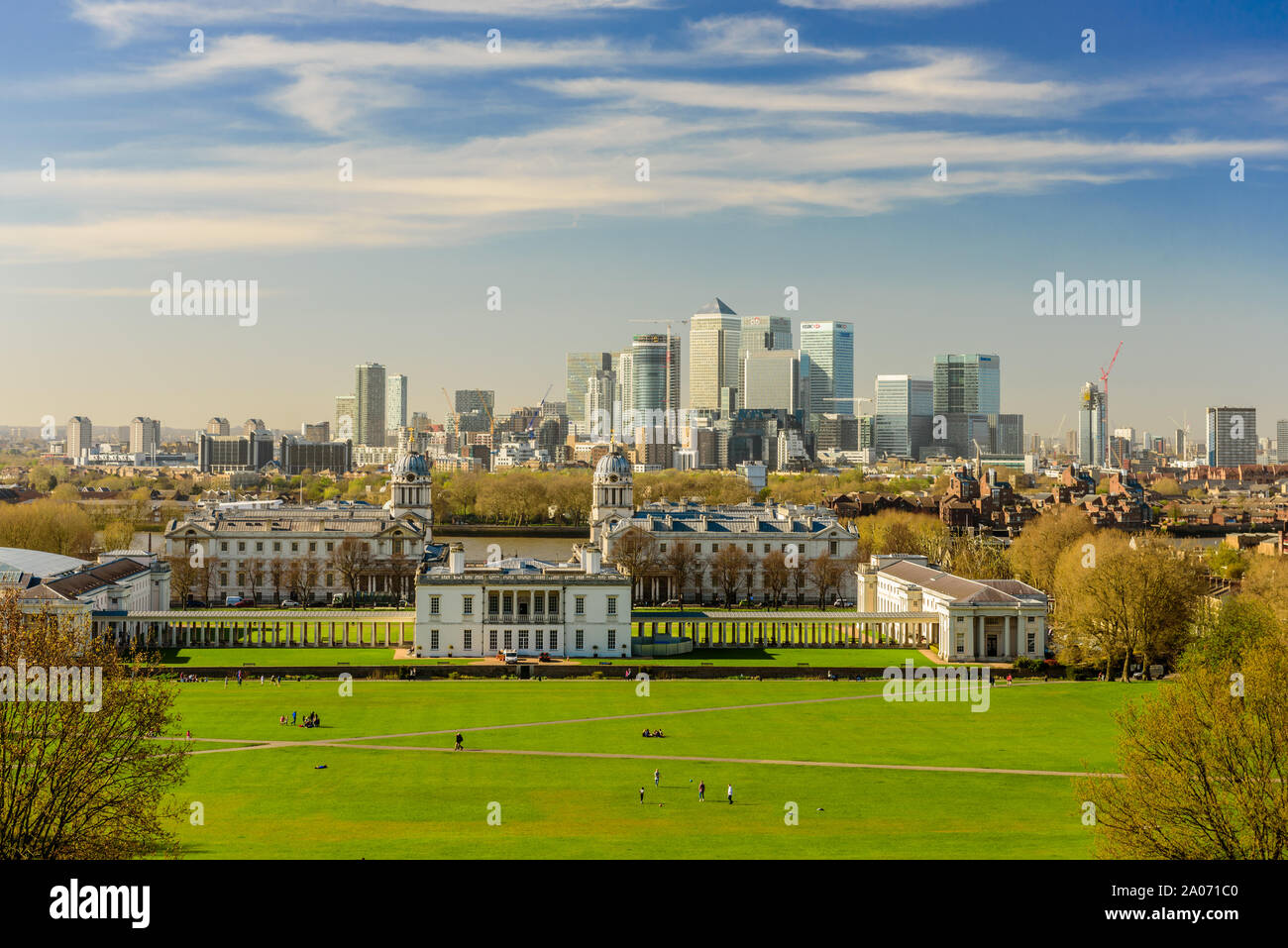 London Skyline, Maritime Museum view from Greenwich Hill Stock Photo
