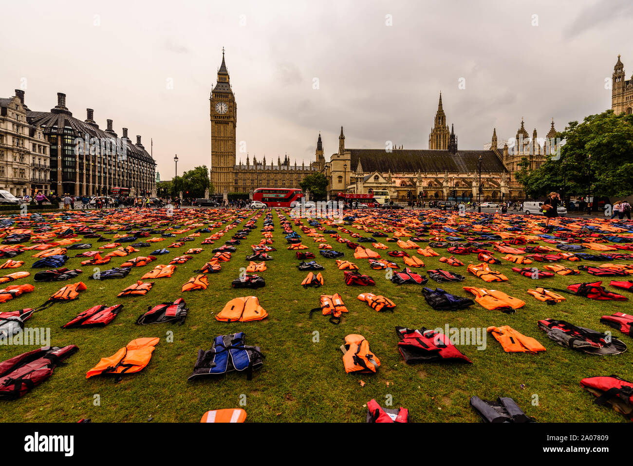 A sea of 2500 lifejackets worn by refugees displayed on Parliament Square in central London, September 19th 2016 Stock Photo