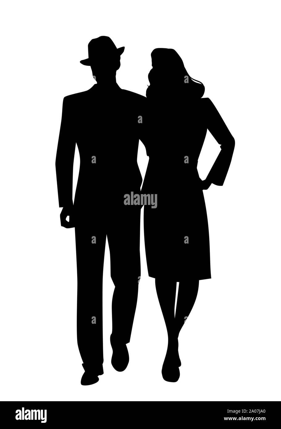Silhouette of couple walking, wearing retro style clothes, isolated on