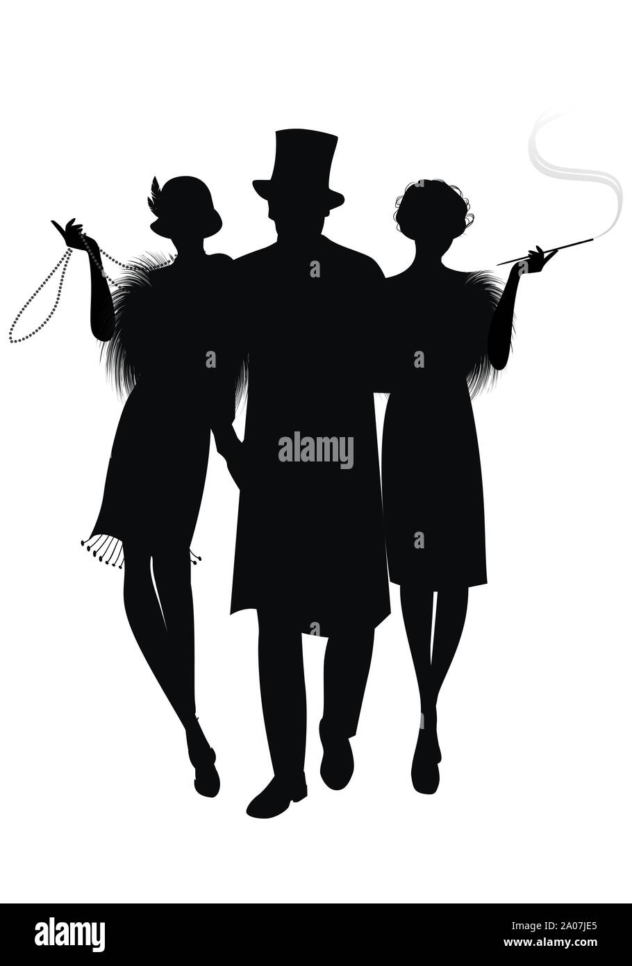Silhouette of two flapper girls and elegant gentleman with top hat. Girl with long necklace and girl smoking a pipe. Isolated on white background Stock Vector