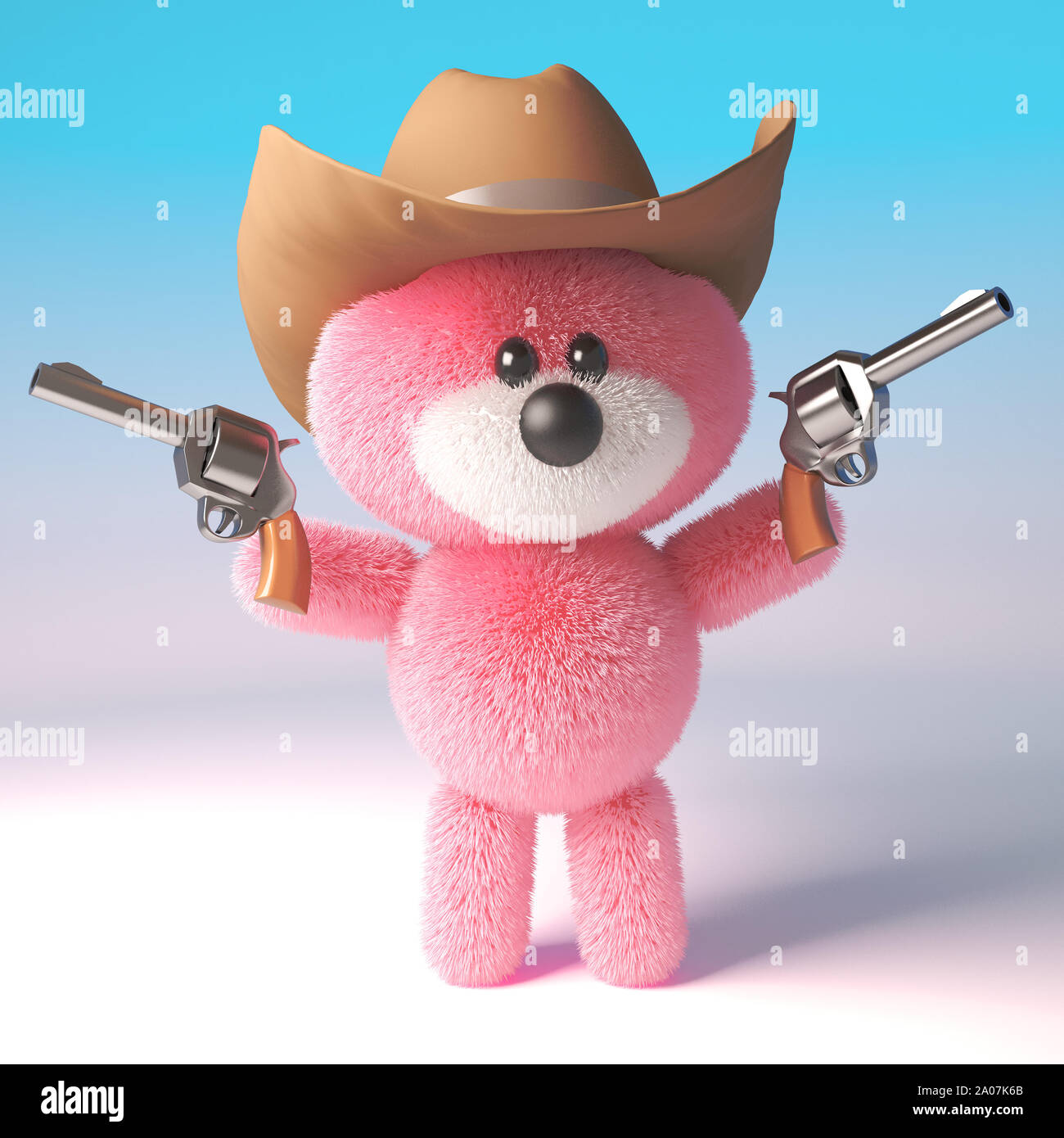 3d cartoon pink fluffy teddy bear character dressed as a cowboy with pistols and stetson hat, 3d illustration render Stock Photo