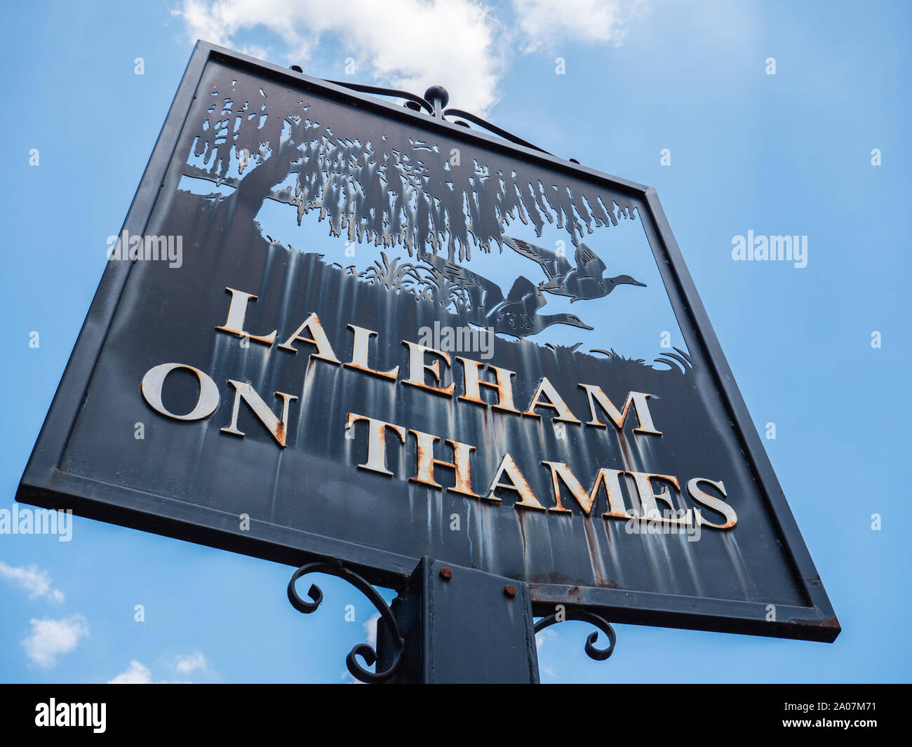LalehamonThames, Village Sign, Laleham, Surrey, England, UK, GB Stock