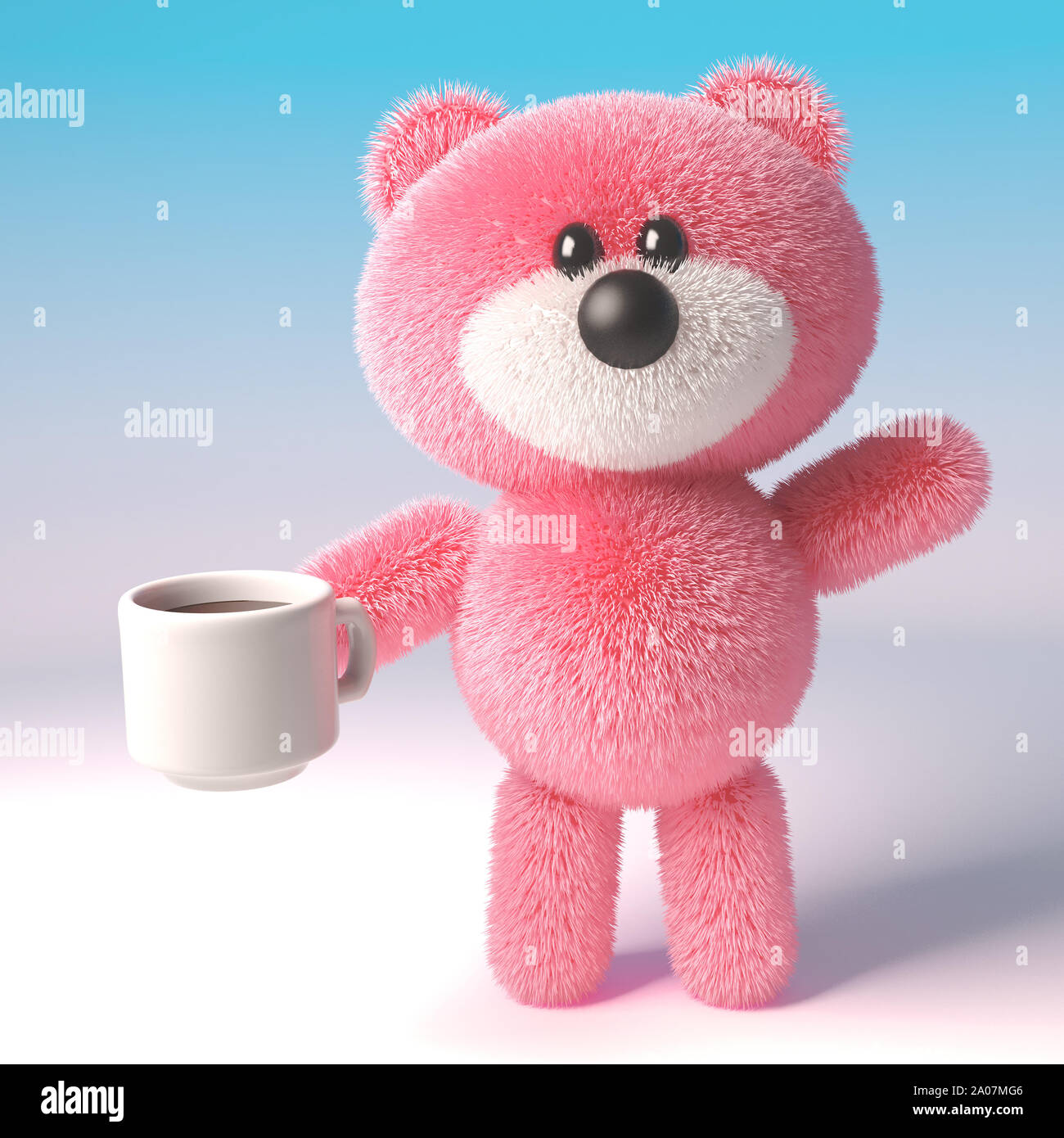 3d pink teddy bear character with fluffy fur drinking a cup of coffee ...