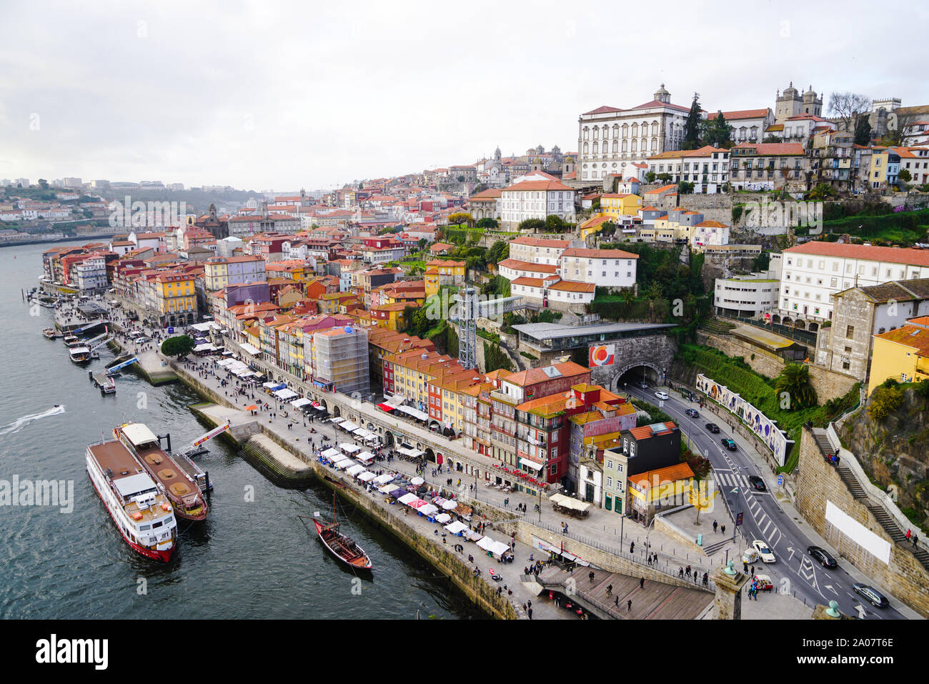Porto, Portugal - December 2018: View from the Dom Luis I Bridge to the Ribeira area and the Douro River. Stock Photo