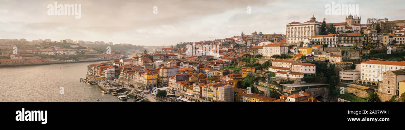 Sepia tone panoramic shot of the Porto skyline, overseeing the Ribeira area and the Douro River. Stock Photo