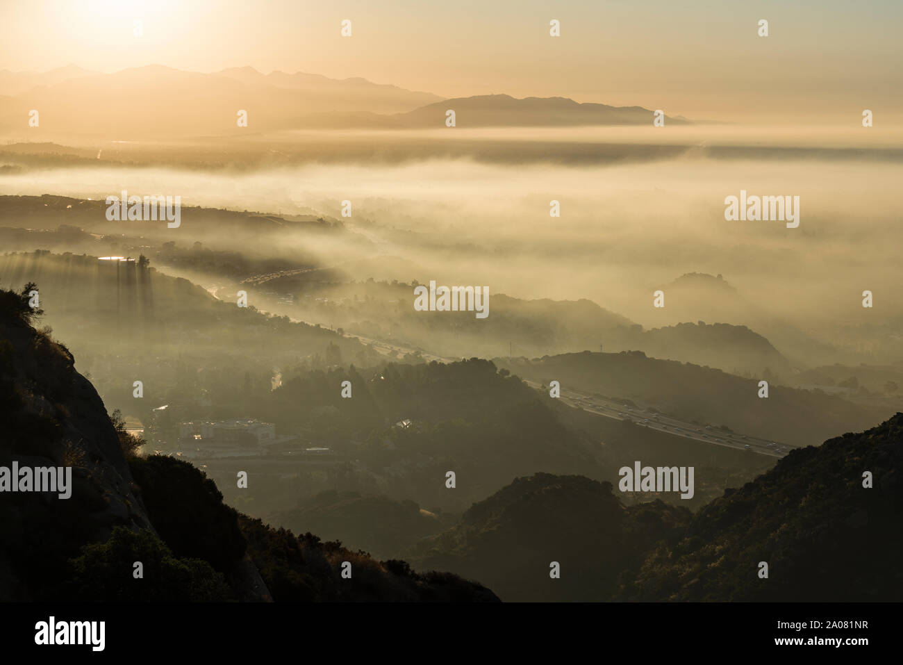 Los Angeles California sunrise view of the fog shrouded 118 freeway and ...
