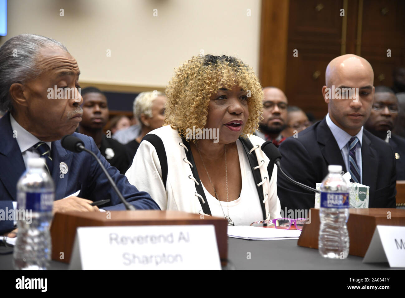 Washington, United States. 19th Sep, 2019. National Action Network's Rev. Al Sharpton (L) listens to opening statement by Gwen Carr (C) as former tennis player James Blake also listens at the House Judiciary Committee, on Capitol Hill, Thursday, September 19, 2019, in Washington, DC. The panel was hearing testimony on police practices and Carr's son Eric Garner died in a police chokehold during an arrest on Staten Island, New York and Blake was roughed up in a mistaken arrest in New York City. Photo by Mike Theiler/ Credit: UPI/Alamy Live News Stock Photo