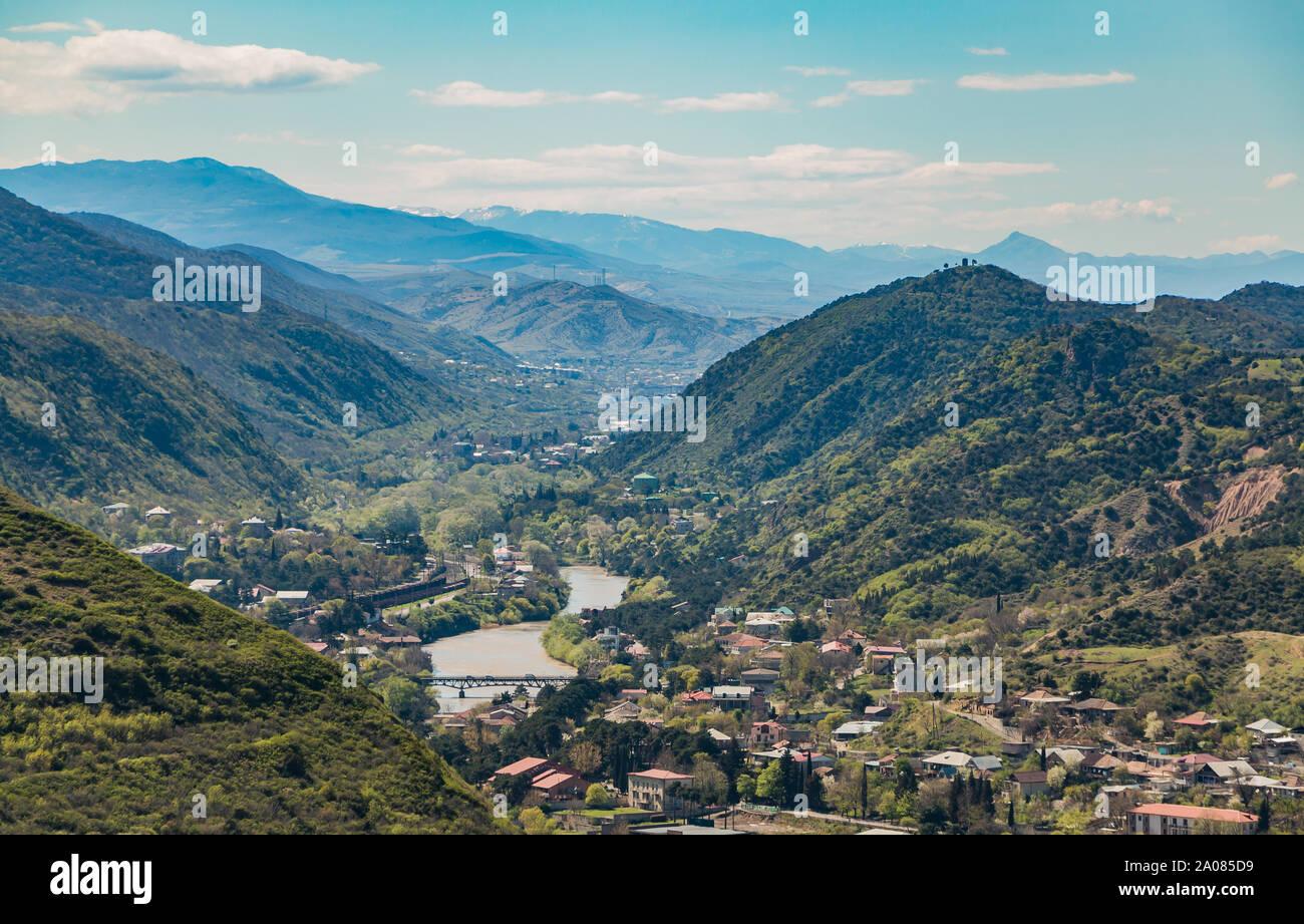 A picture of the landscape near Mtskheta as seen from the Jvari Monastery (Georgia). Stock Photo
