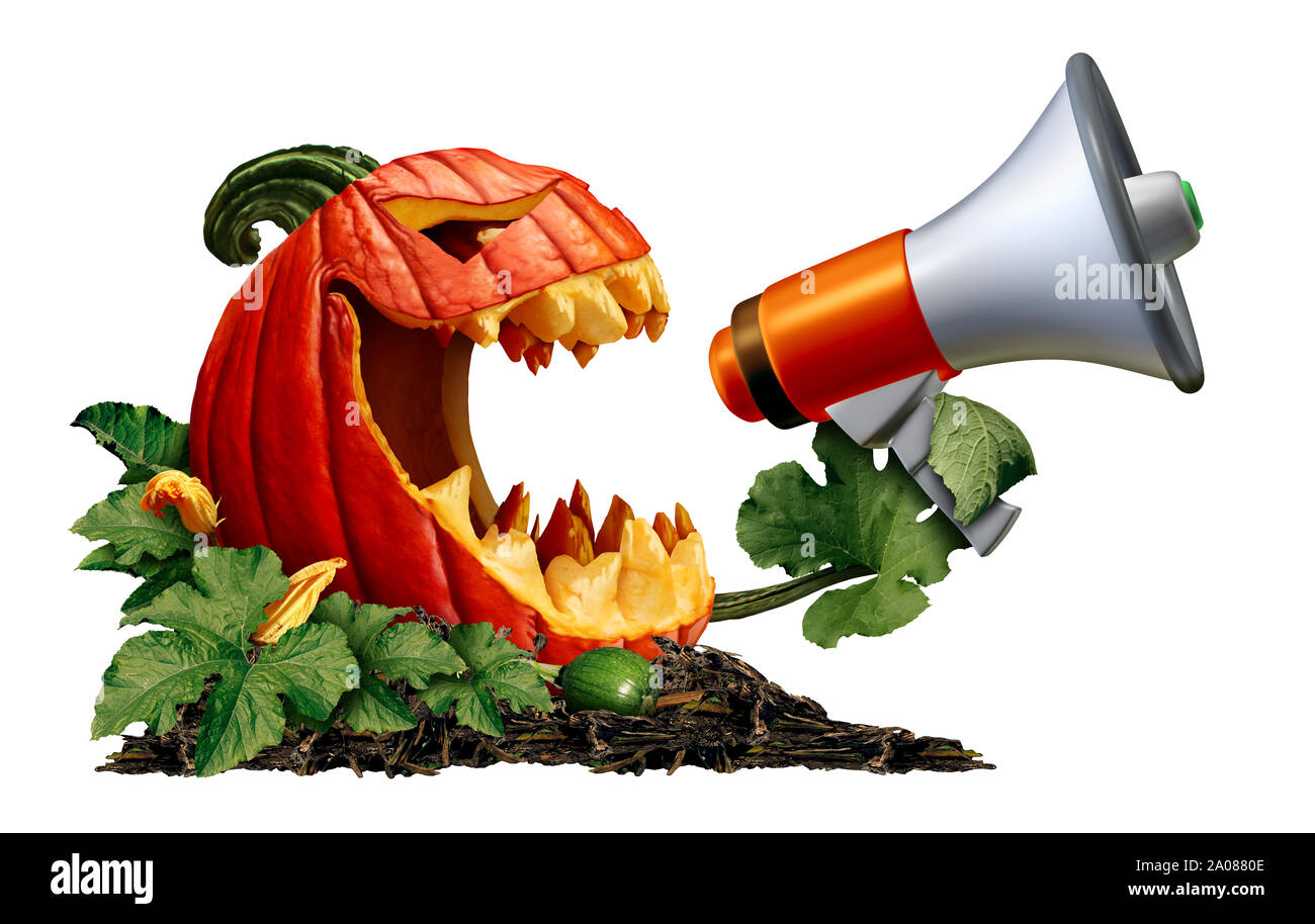 Halloween jack o lantern pumpkin announcer with a scary autumn gourd holding a bullhorn or megaphone to announce news or promote an event or party iso Stock Photo