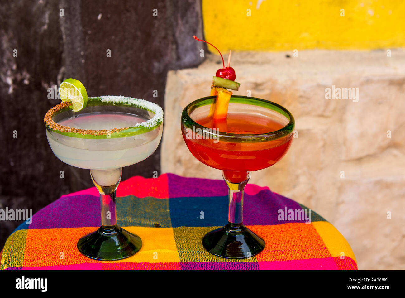 Local margaritas tequila drinks on table Tlaquepaque, near Guadalajara