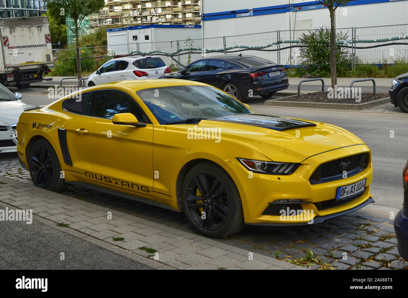 Frankfurt am Main, Germany. August 2019. A parked Ford Mustang stands