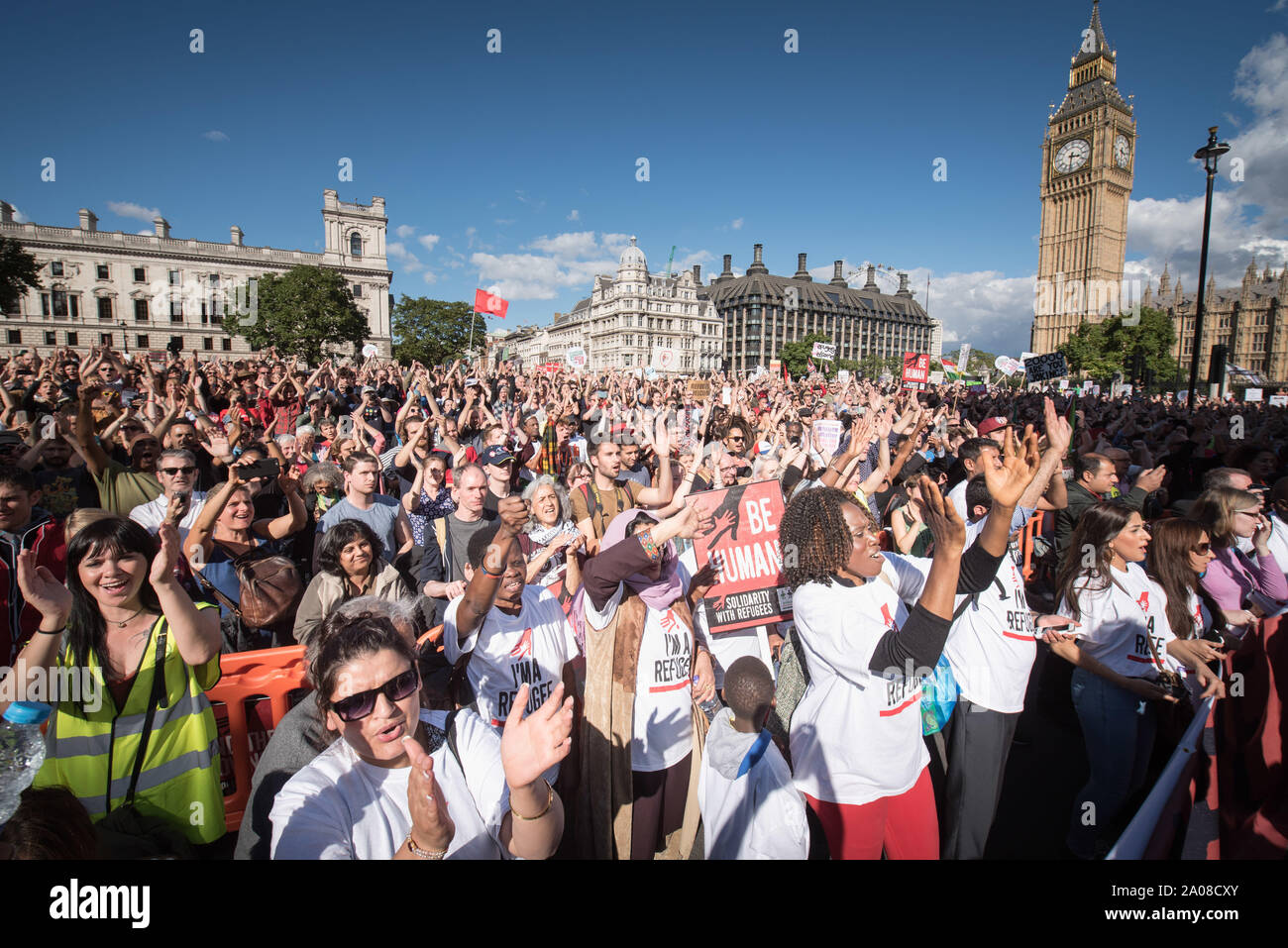 Parliament Square, London, UK. 12th September, 2015. The newly elected leader of the Labour Party, Jeremy Corbyn, gives a speech in front of thousands Stock Photo
