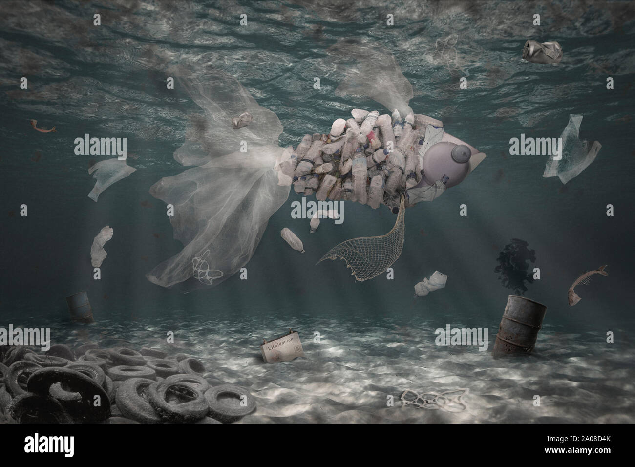 plastic garbage fish swimming in the ocean pollinat, concept of global pollution Stock Photo