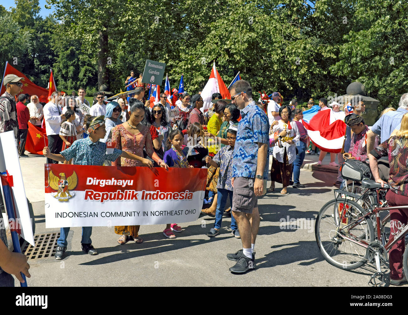 Participants in the 2019 One World Day Celebration, held annually in Cleveland, Oho, USA prepare for the opening parade of nationalities. Stock Photo
