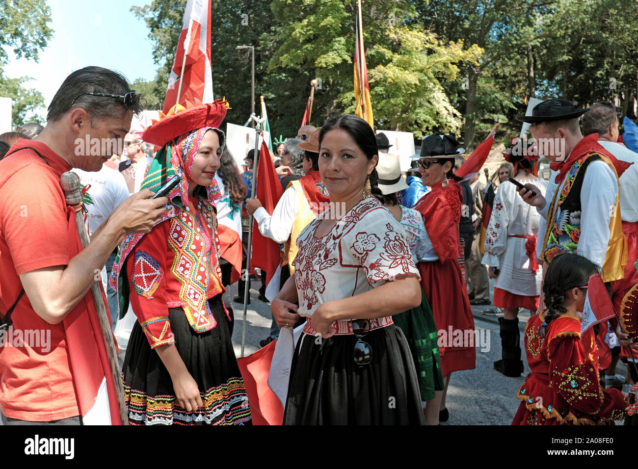 Participants, representing immigrants from Peru, prepare to take part in the 2019 One World Day parade in the Cultural Gardens of Cleveland, Ohio, USA. Stock Photo