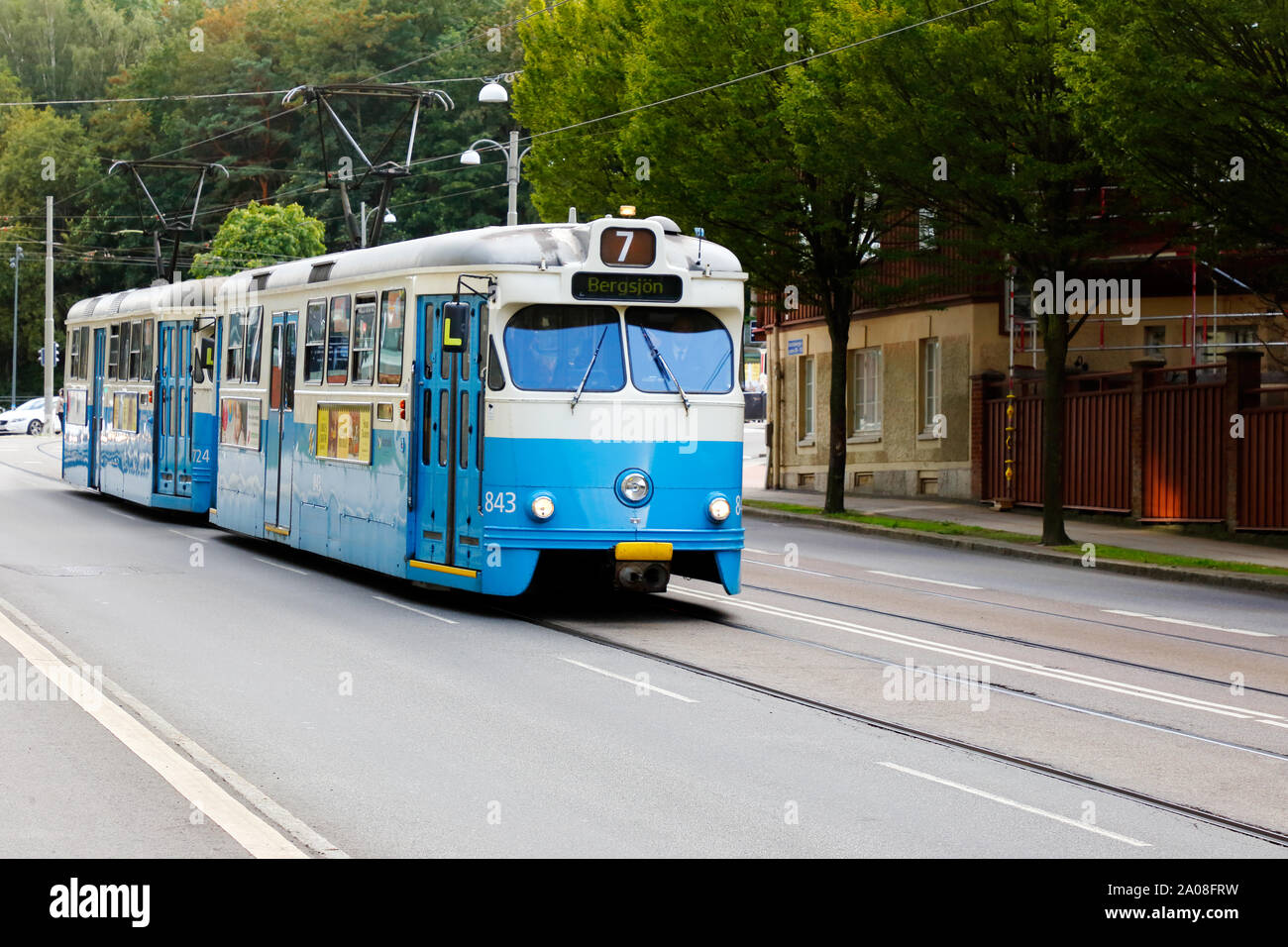 Gothenburg, Sweden - September 2, 2019: Blue tram class M29+M28 at the Aschebergsgatan street in service on line 7. Stock Photo