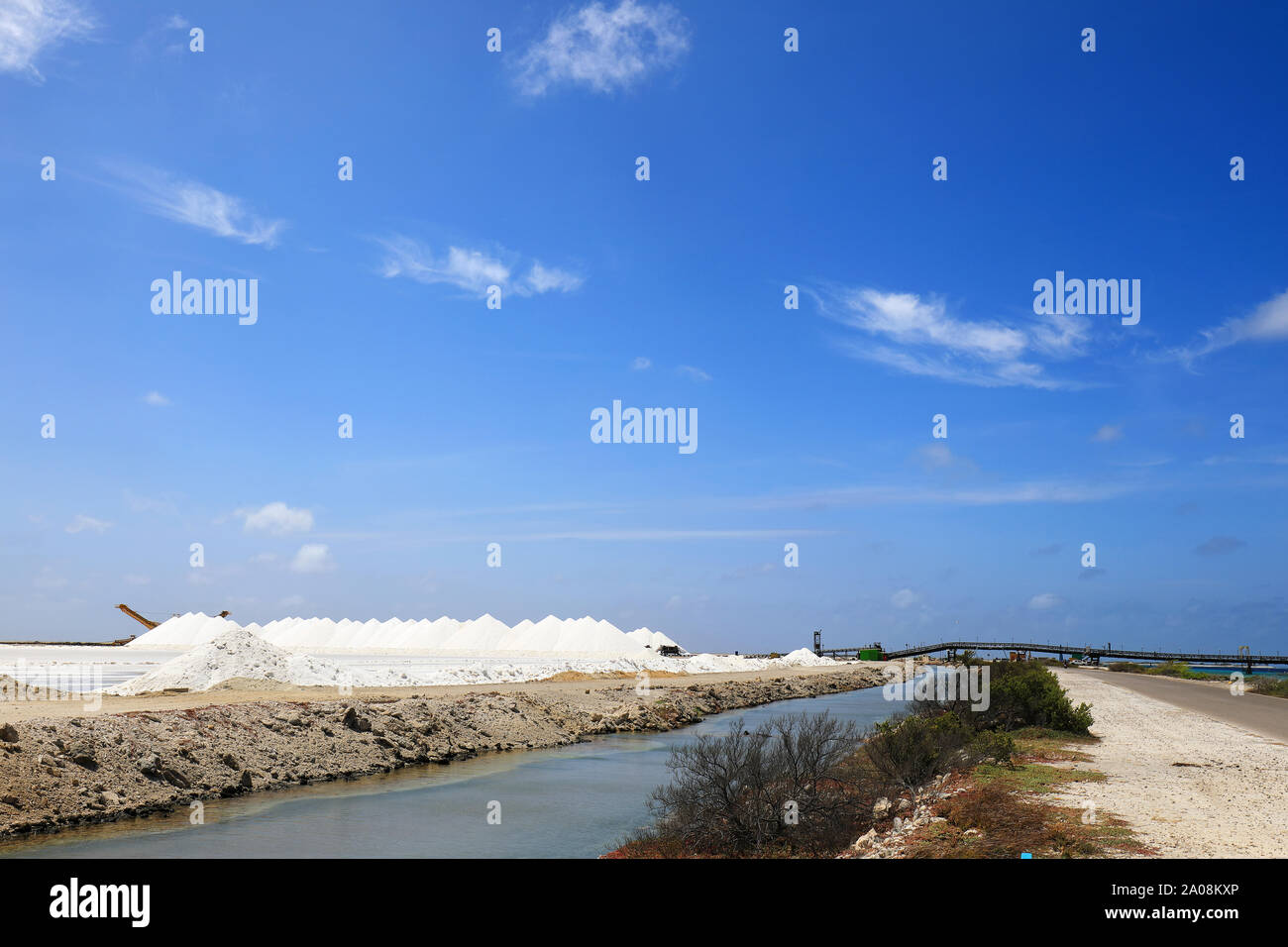 Sea salt harvesting on Bonaire island in the caribbean sea Stock Photo