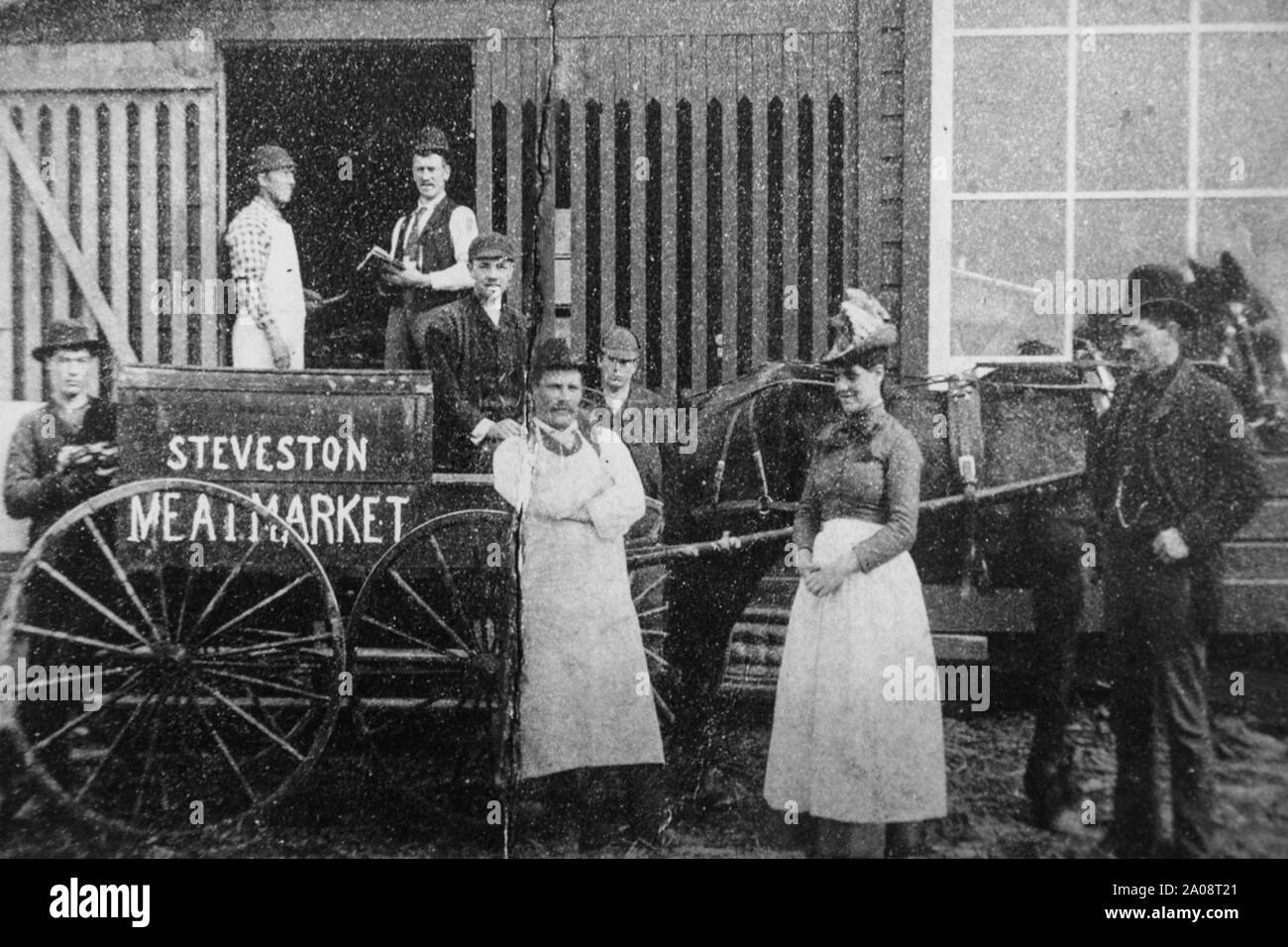 Black and white projected image of life in Steveston in the early 1900's, British Columbia, Canada Stock Photo